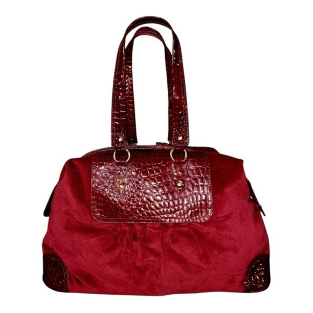 Burgundy Red Velvet Vegan Leather Trim Weekend Tote Shoulder Bag 22x15x8 NWOT - Picture 3 of 10